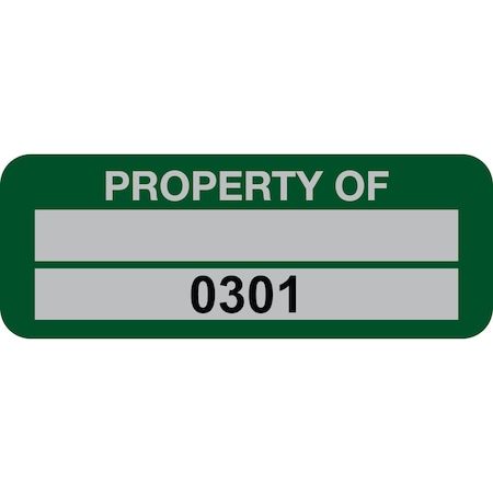 Lustre-Cal Property ID Label PROPERTY OF 5 Alum Green 2in x 0.75in 1 Blank Pad & Serialized 0301-0400, 100PK 253740Ma2G0301